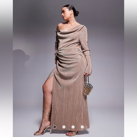 ASOS Curve Dresses & Skirts - NWT ASOS DESIGN Curve Plisse Fallen Shoulder Maxi Dress With Ruching in Camel 20